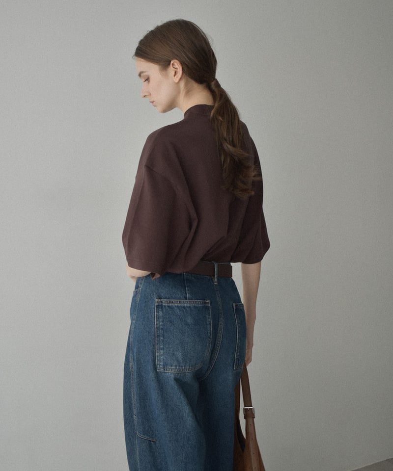 nh-tops-02566 ハーフスリーブ モックネック Tee エクリュ チャコール