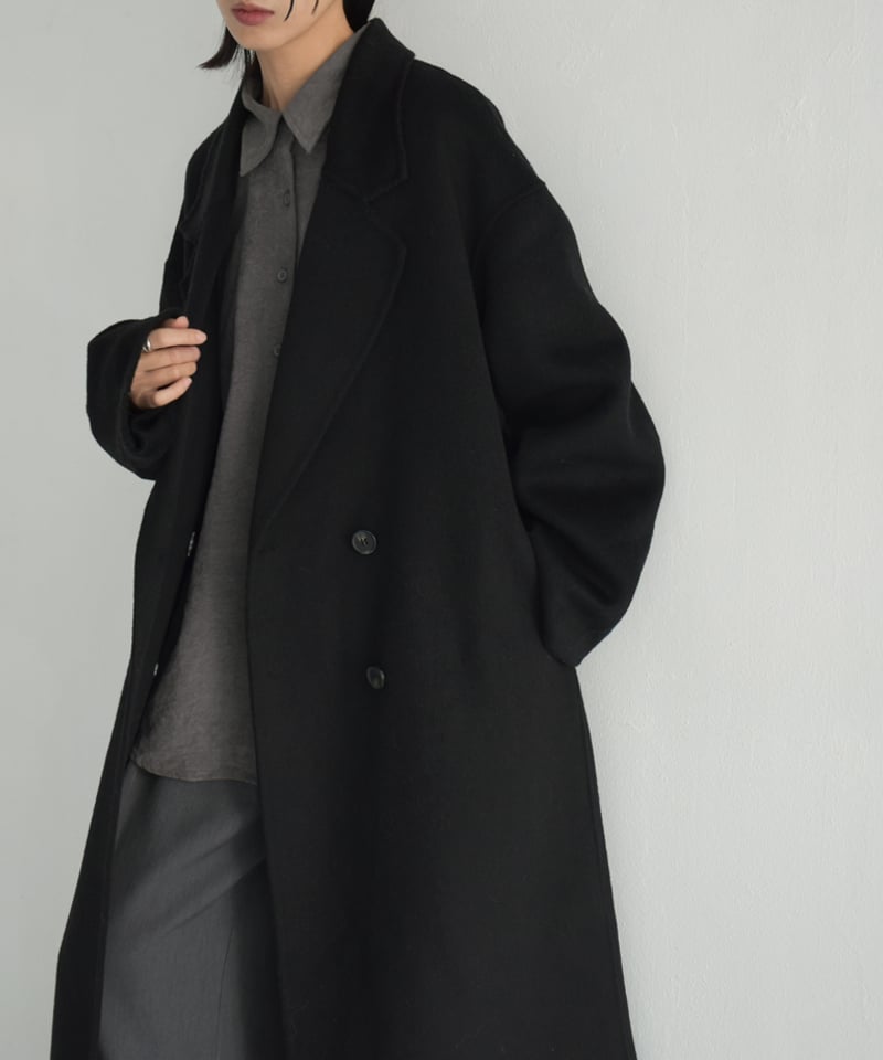 coat-02054 シャギー ウールコート リバー仕立て グレー ブラック | L