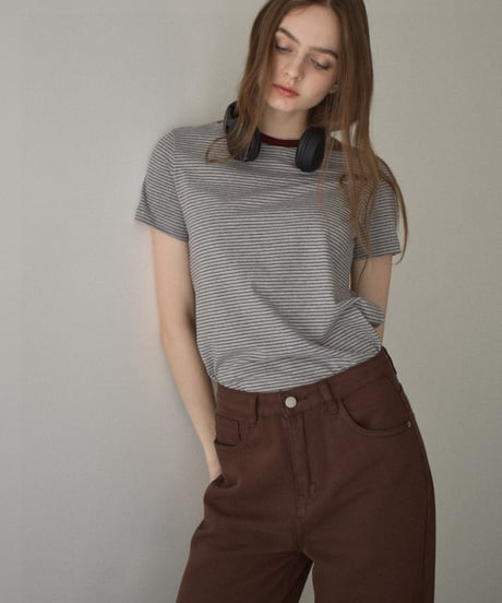 nh-tops-02558　コンンパクト ボーダー tee　ベージュ　グレー