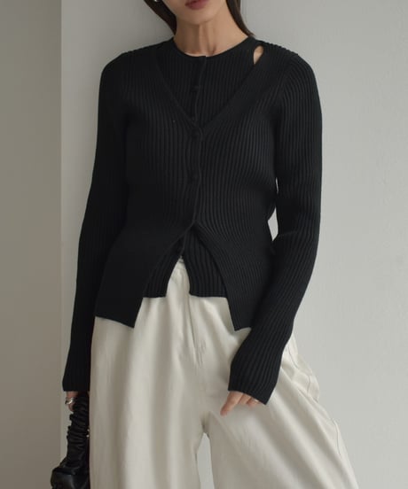 knit-02265　レイヤードデザイン リブニット　アイボリー　グレー　ブラック