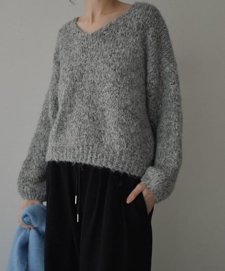 knit-02361　ボリュームスリーブ MIXカラー Vネック ニット　ブラウン　グレー