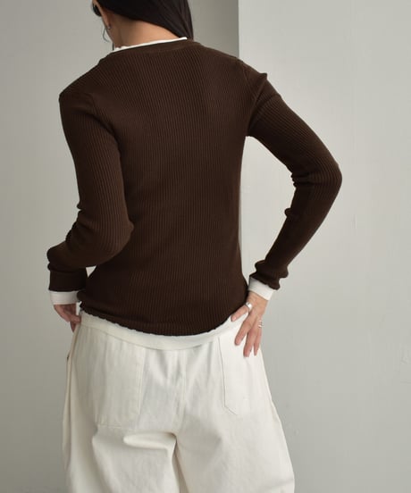 knit-02296　レイヤードライク バイカラーニット トップス　ブラウン　ブラック