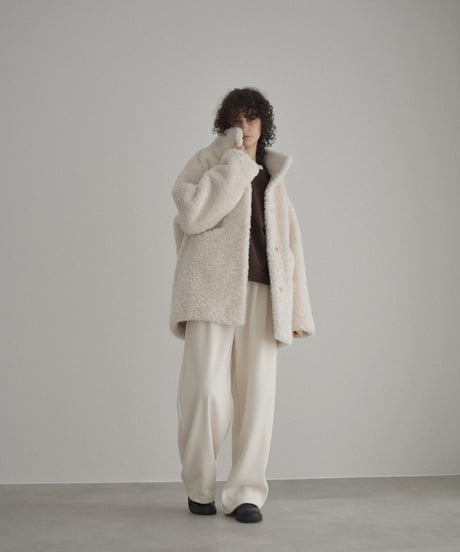 coat-02065　プードルボア ハイネック ミディコート　エクリュ　ブラウン