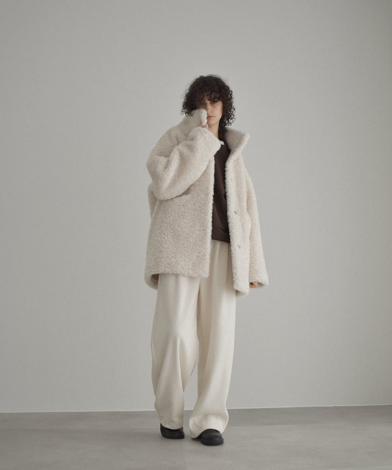 coat-02065 プードルボア ハイネック ミディコート エクリュ ブラウン