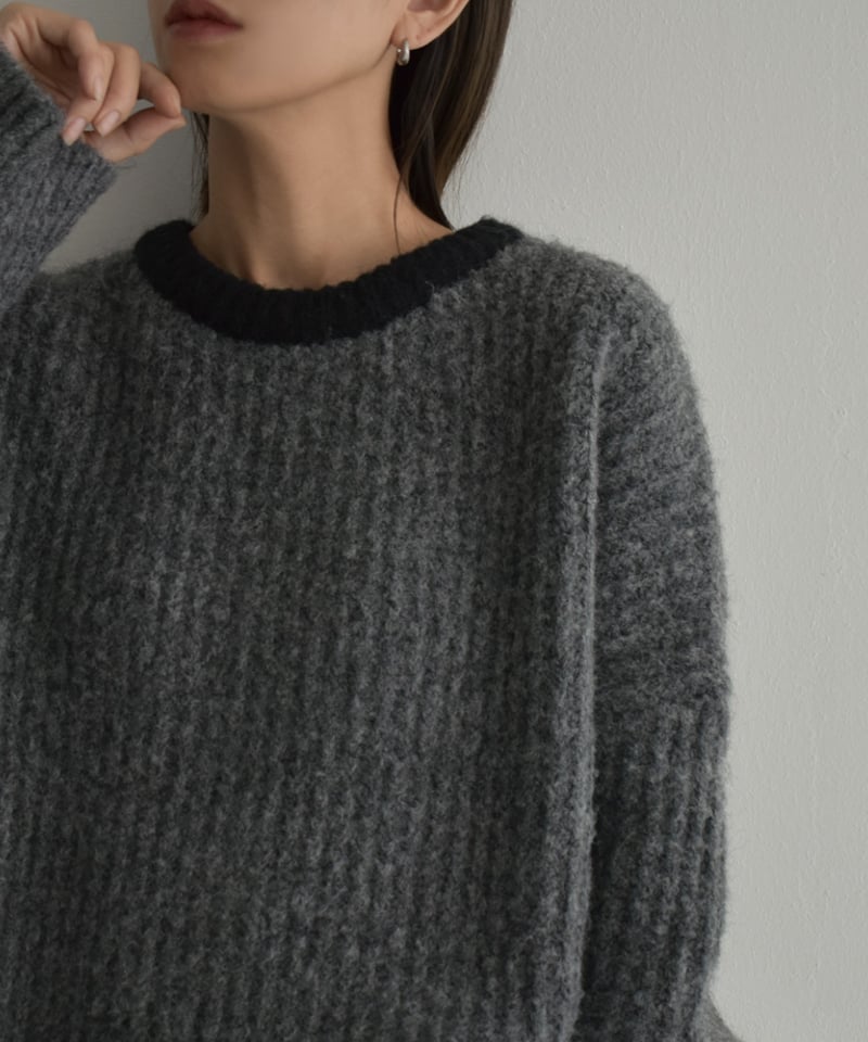 knit-02217 クルーネック バイカラーニット プルオーバー グレージュ