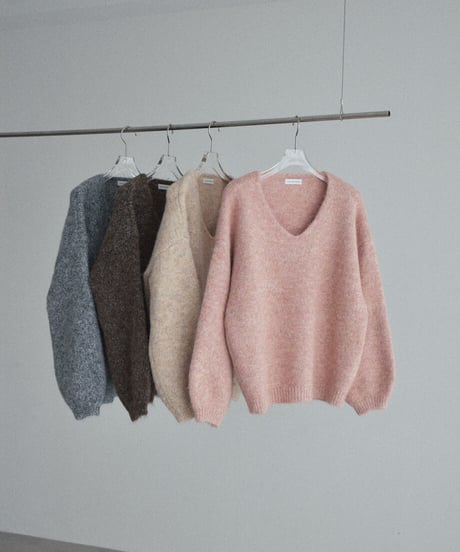 knit-02396　Vネック ボリューム ニット プルオーバー　ピンク　ベージュ　ブラウン　グレー