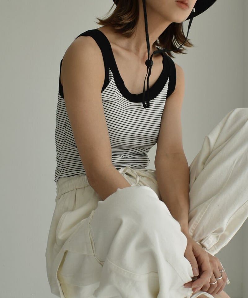 nh-tops-02394 リブ ボーダー タンクトップ ホワイト ブラック | L a v