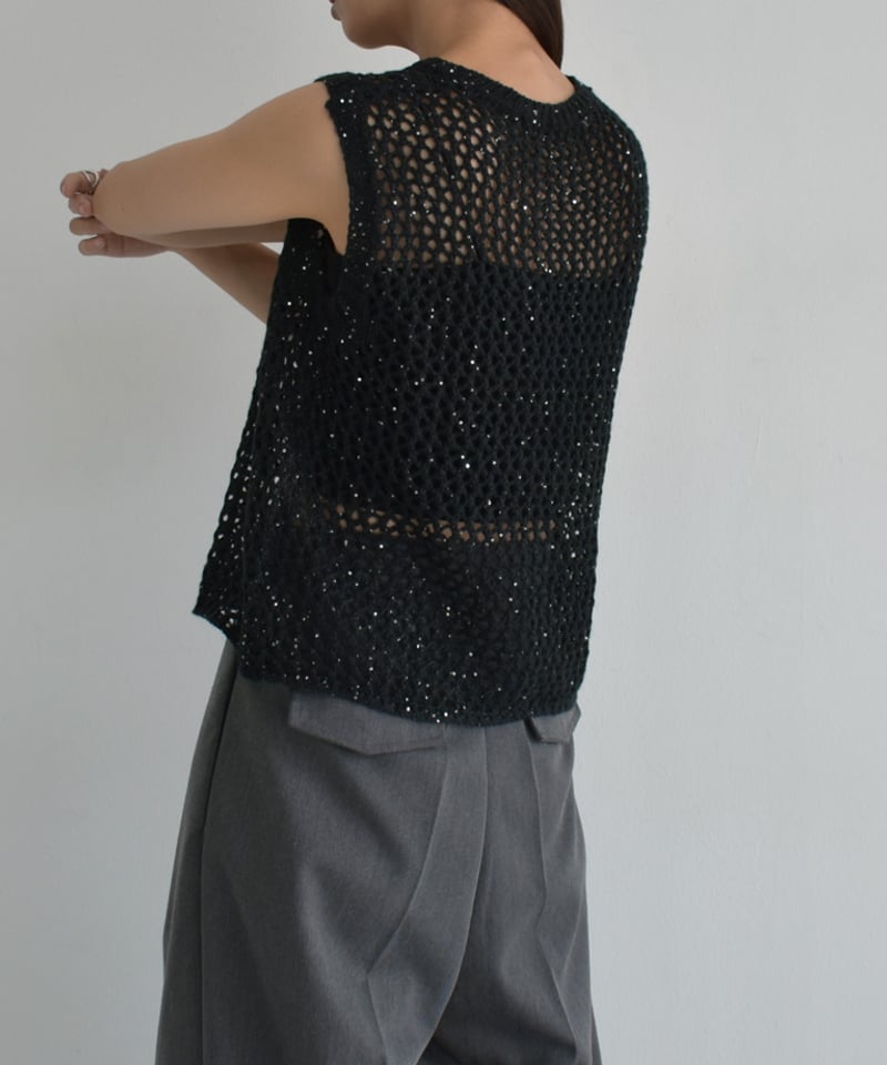 knit-02272 スパンコール メッシュ ニット トップス エクリュ ブラック