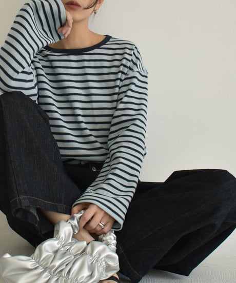 tops-02468　ルーズ ボーダー プルオーバー　エクリュ　ブルー