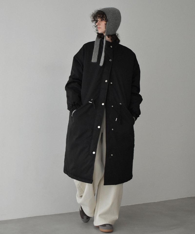 outer-02093 中綿 ボリューム ロングコート グレージュ ブラック | L