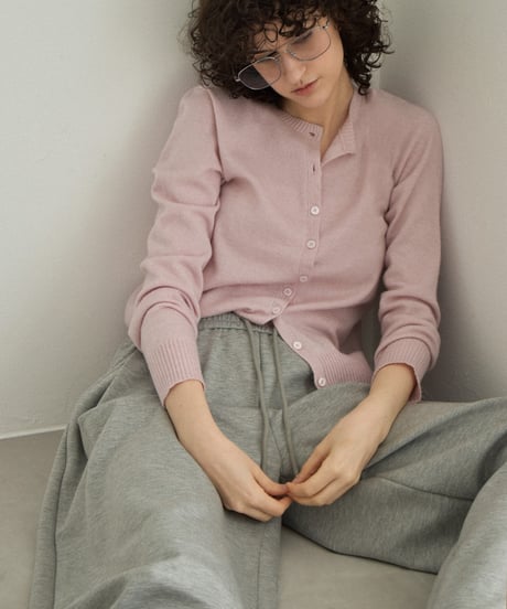 knit-02372　クルーネック コンパクト ニット カーディガン　オフホワイト　イエロー　ピンク　ブルー　グレー　ブラック