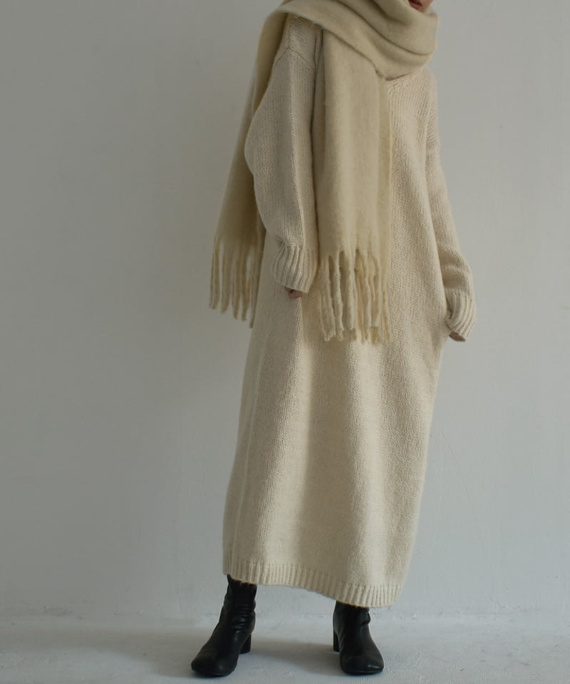 onepiece-02080 ウール混 Vネック ローゲージ ニット ワンピース