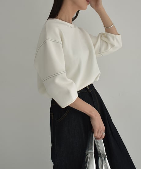 tops-02474　ステッチデザイン ダンボール プルオーバー　ホワイト　ブラック