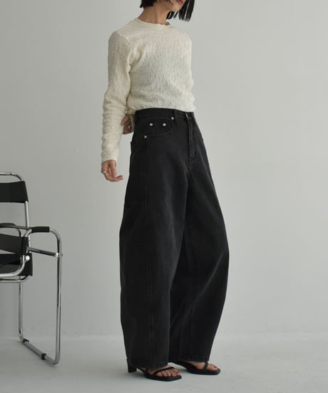 tops-02523　クルーネック ランダム リップル カットソー　エクリュ　ブラック