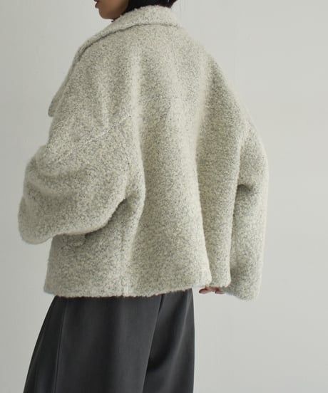 coat-02052　ウール混 ハイネック ブークレ ショート コート　ライトグレージュ　モカ