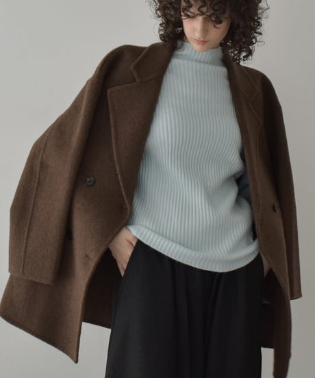 knit-02358　リブ ハイネック ニット トップス　オフホワイト　アイスブルー　グレー　ブラウン　ブラック
