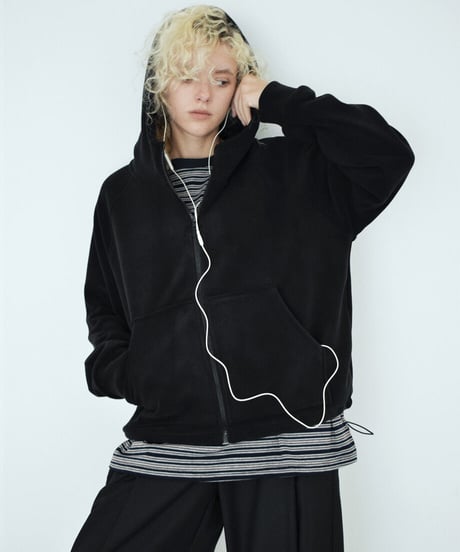 tops-02642　ドロスト フリース ジップ パーカー　エクリュ　ブラック
