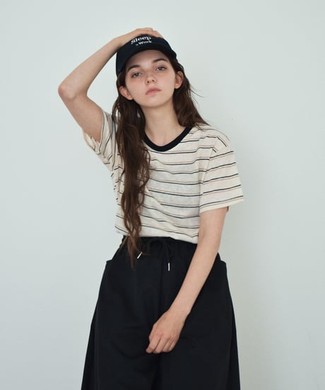 nh-tops-02602　マルチボーダー Tシャツ　ブルー　バーガンディ　ブラック