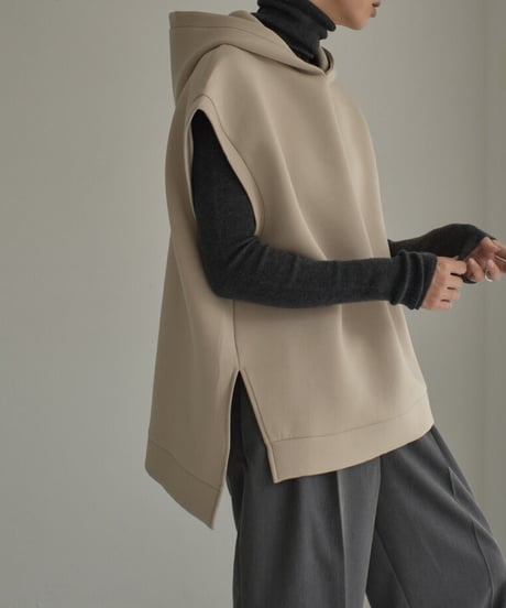 tops-02443　ダンボールニット フーディーベスト　グレージュ　ネイビー