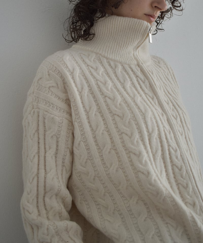knit-02367 ダブルジップ ケーブル ニット エクリュ グレージュ