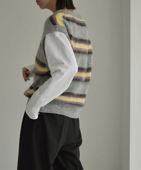 knit-02247　モヘア混 マルチボーダー Vネック ニットベスト