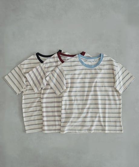 nh-tops-02602　マルチボーダー Tシャツ　ブルー　バーガンディ　ブラック
