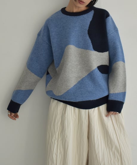 knit-02315　ニュアンス柄 配色 クルーネック ニット　グレー　ブルー