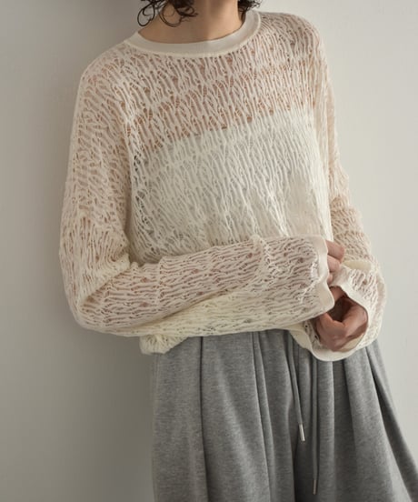 nh-knit-02374　レース ニット トップス　オフホワイト　チャコール