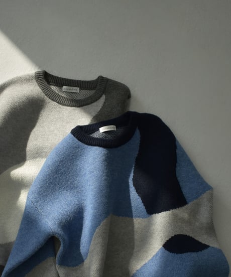 knit-02315　ニュアンス柄 配色 クルーネック ニット　グレー　ブルー