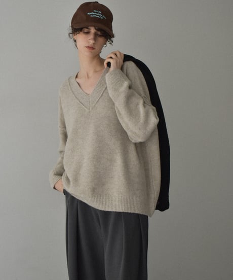 knit-02099　ウール混 アウトシーム Vネックニット　グレージュミックス