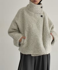 coat-02052　ウール混 ハイネック ブークレ ショート コート　ライトグレージュ　モカ
