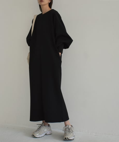 onepiece-12012　タックスリーブ ダンボールニット ワンピース　チャコール　ブラック