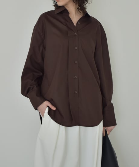 tops-02588　タックデザイン シャツ　ホワイト　ブラウン