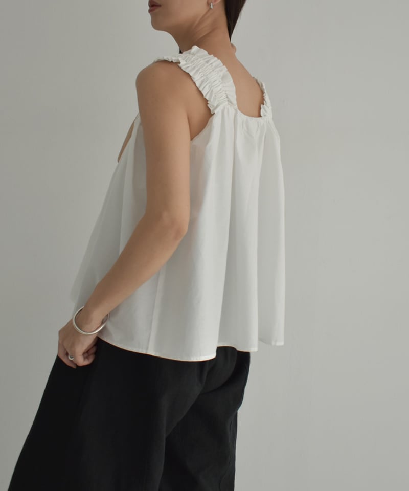 tops-02479 ギャザータンク ブラウス ホワイト ブラック | L tops-02479 ギャザータンク ブラウス ホワイト ブラック | L