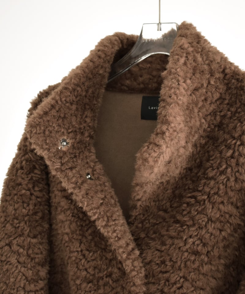 coat-02065 プードルボア ハイネック ミディコート エクリュ ブラウン