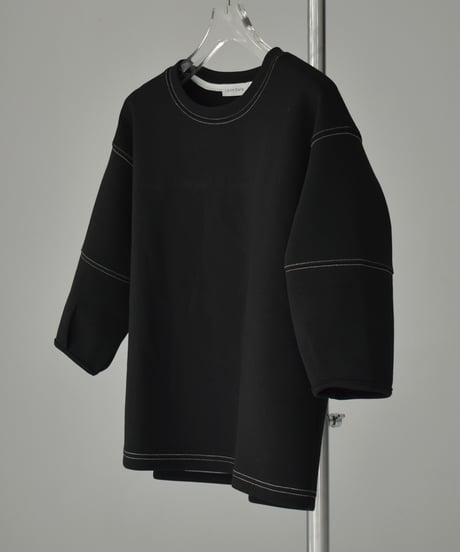 tops-02474　ステッチデザイン ダンボール プルオーバー　ホワイト　ブラック