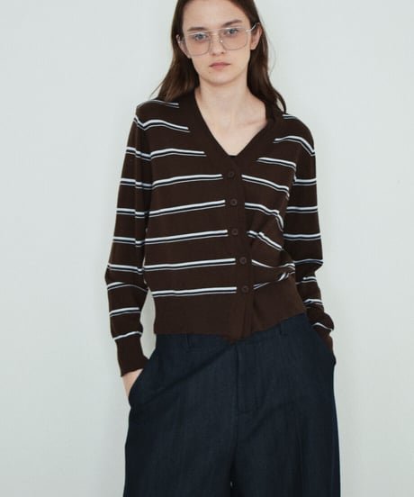 nh-knit-02393　ボーダー ニット カーディガン　ブラウン×ライトブルー