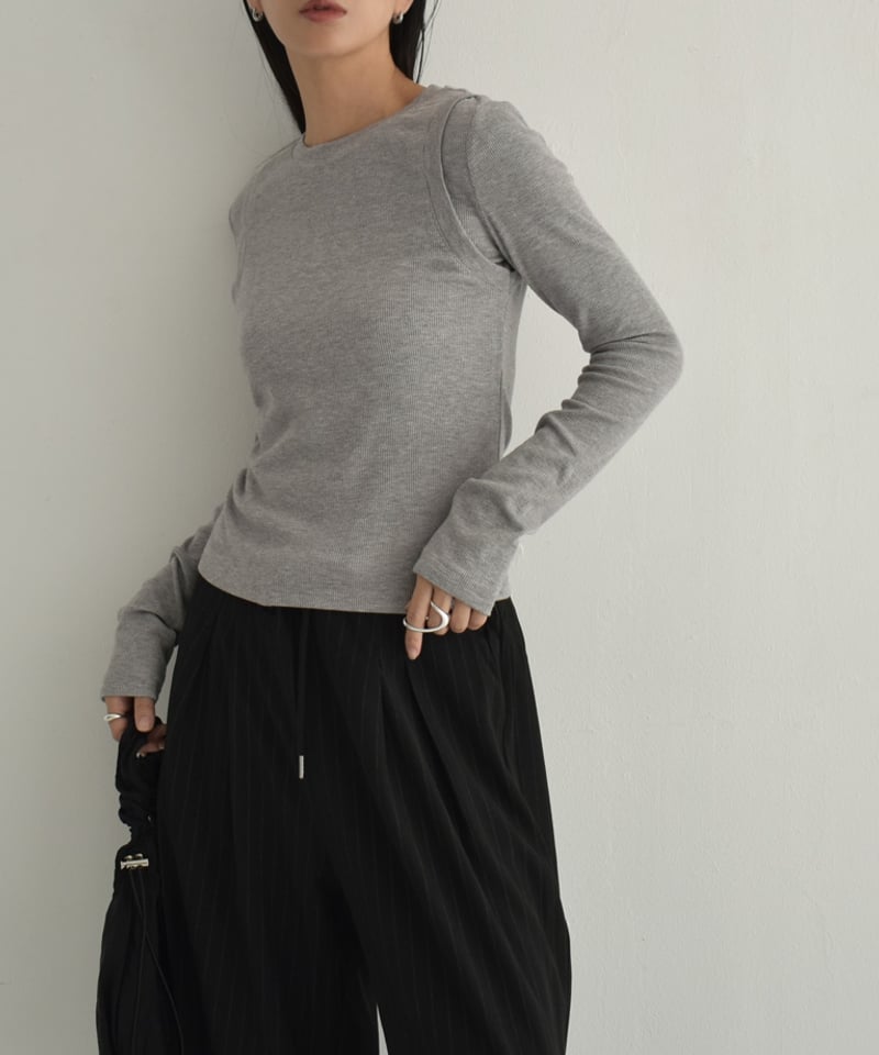 tops-02510 レイヤード ライク トップス マスタード グレー | L