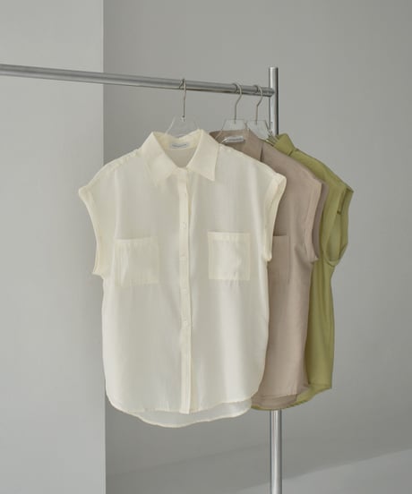 tops-02544　フレンチスリーブ シアーシャツ　エクリュ　ベージュ　グリーンティー