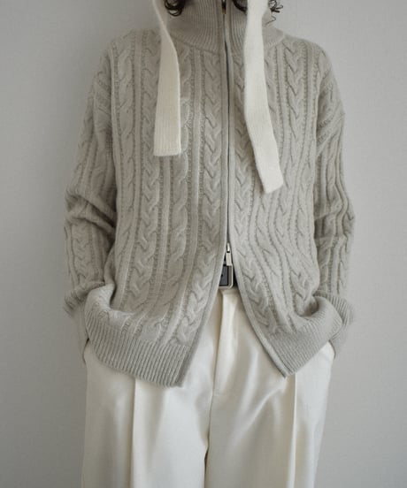 knit-02367　ダブルジップ ケーブル ニット　エクリュ　グレージュ　ダークグレー