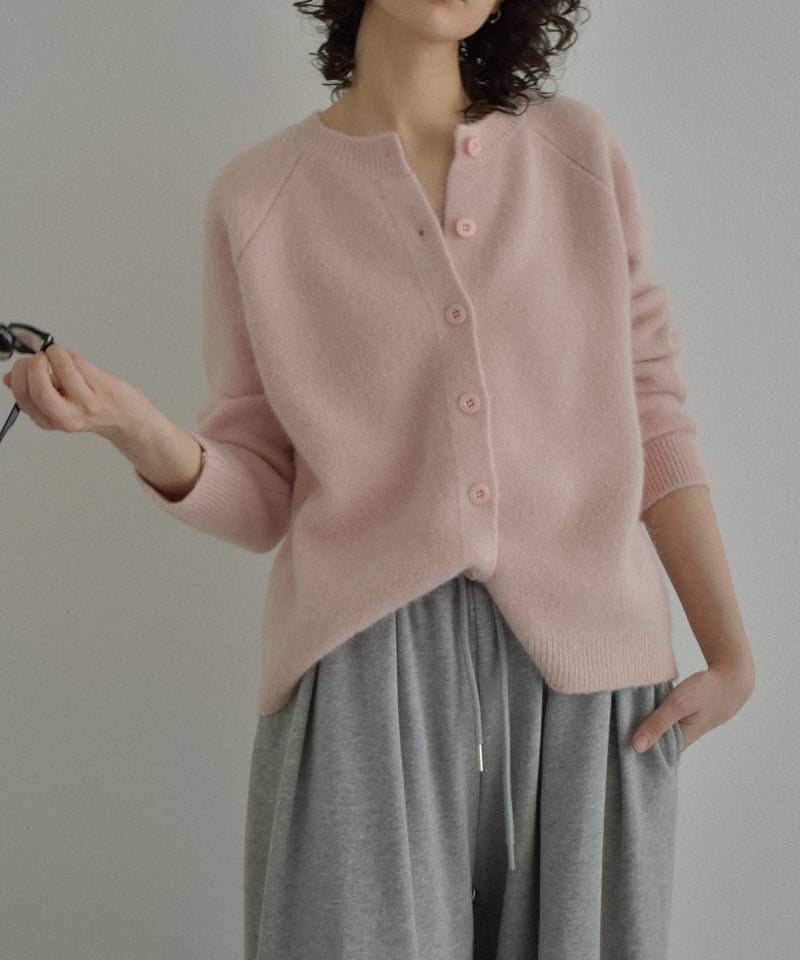 knit-02370 アルパカ混 クルーネック ニット カーディガン ピンク