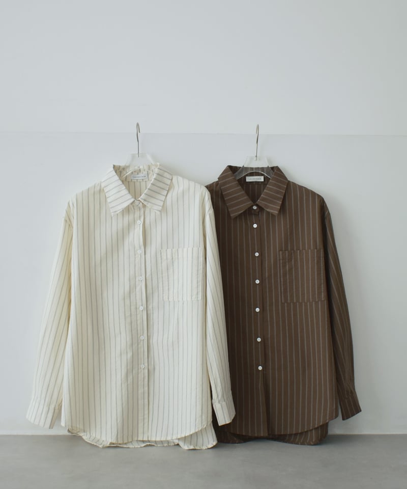 tops-02605 ベルトデザイン ストライプ シャツ エクリュ ブラウン | L