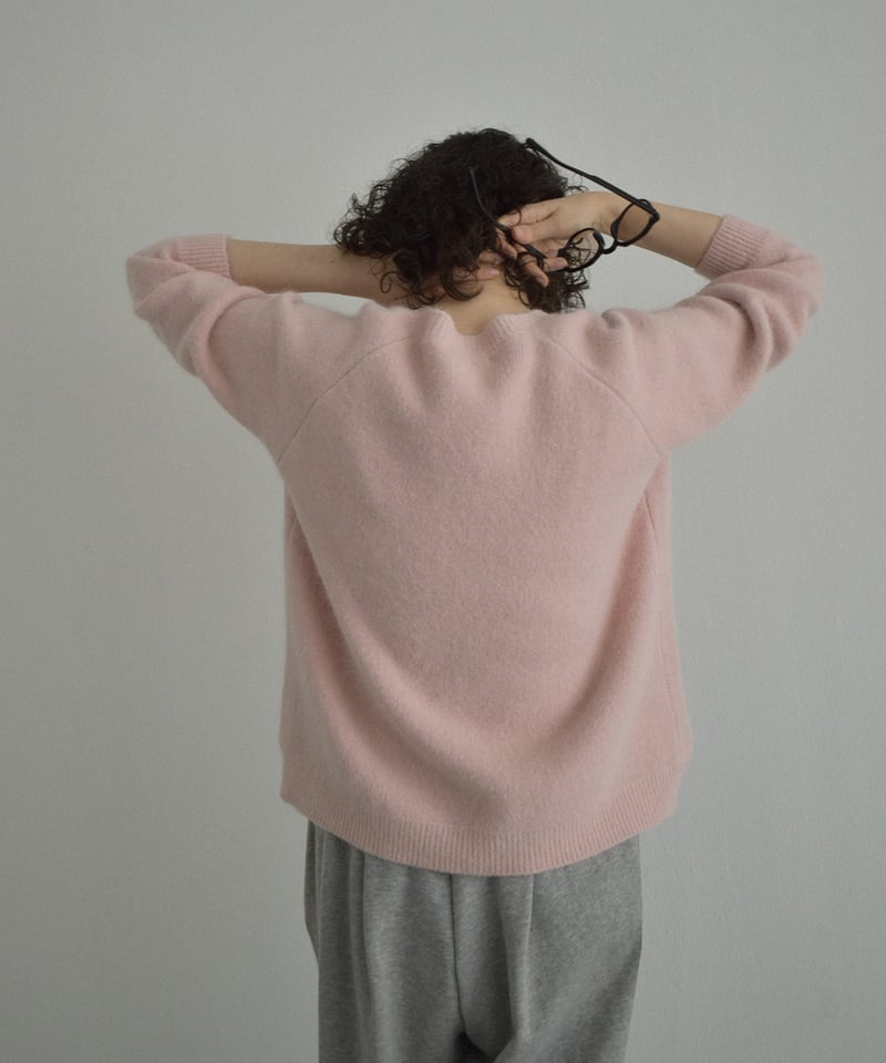 knit-02370 アルパカ混 クルーネック ニット カーディガン ピンク
