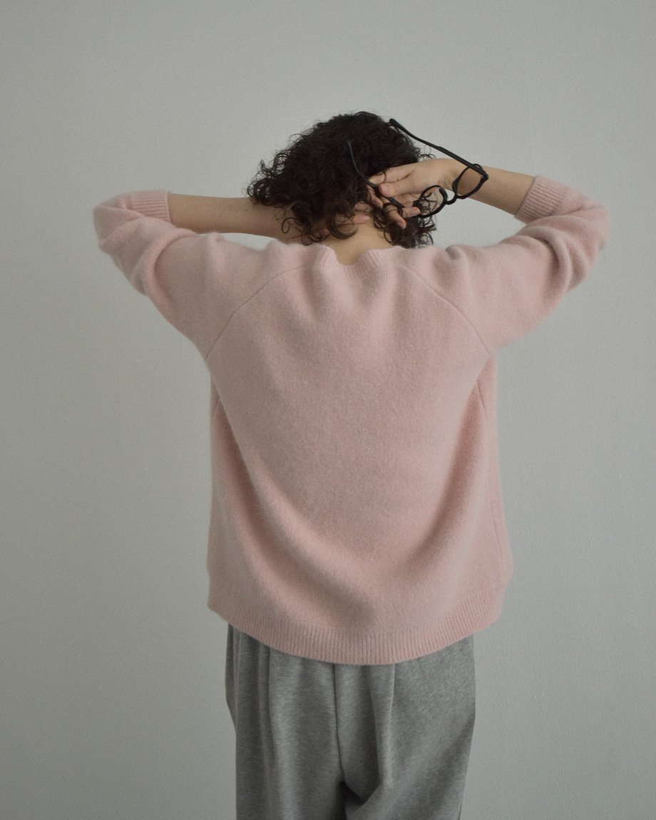 knit-02370 アルパカ混 クルーネック ニット カーディガン ピンク