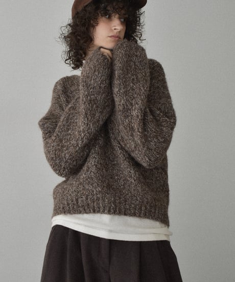 knit-02361　ボリュームスリーブ MIXカラー Vネック ニット　ブラウン　グレー
