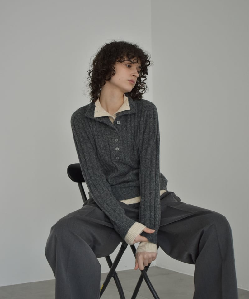 knit-02371 2way ハイネック レイヤードニット グレー ブラウン