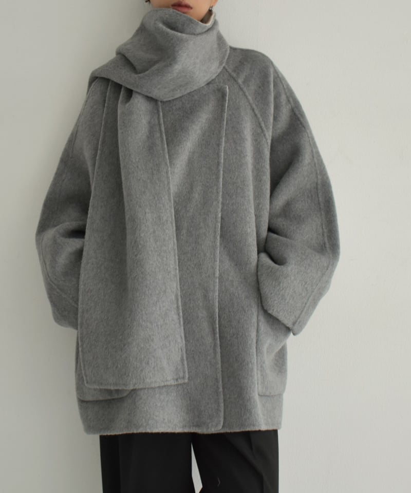nolley's リバーコート　グレージュ　マフラー付き coat-02050 マフラー付き ノーカラー ウール コート リバー