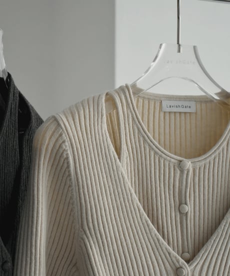 knit-02265　レイヤードデザイン リブニット　アイボリー　グレー　ブラック