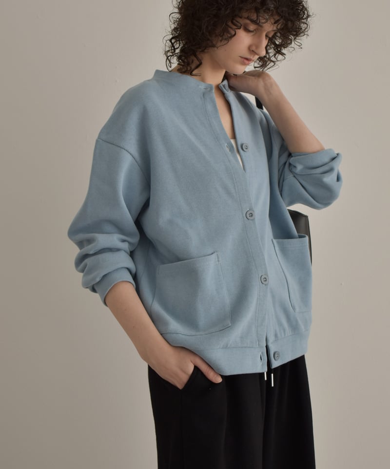 tops-02585 フロントポケット クルーネック カーディガン ブルー
