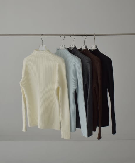 knit-02358　リブ ハイネック ニット トップス　オフホワイト　アイスブルー　グレー　ブラウン　ブラック